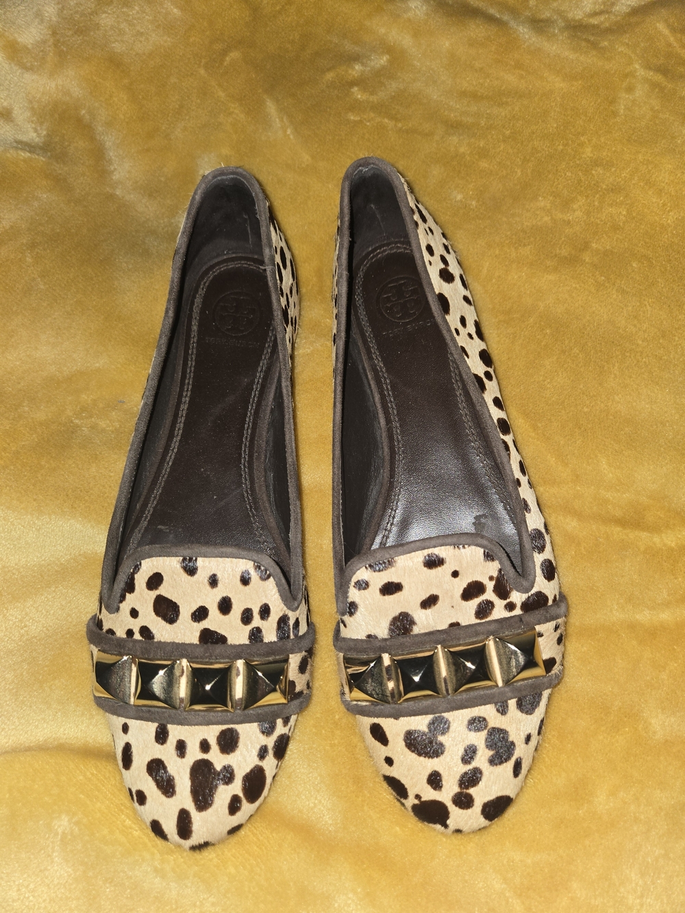 Tory Burch Leopard Haircalf Stud-Trim Ballet Flats in Cream and Brown